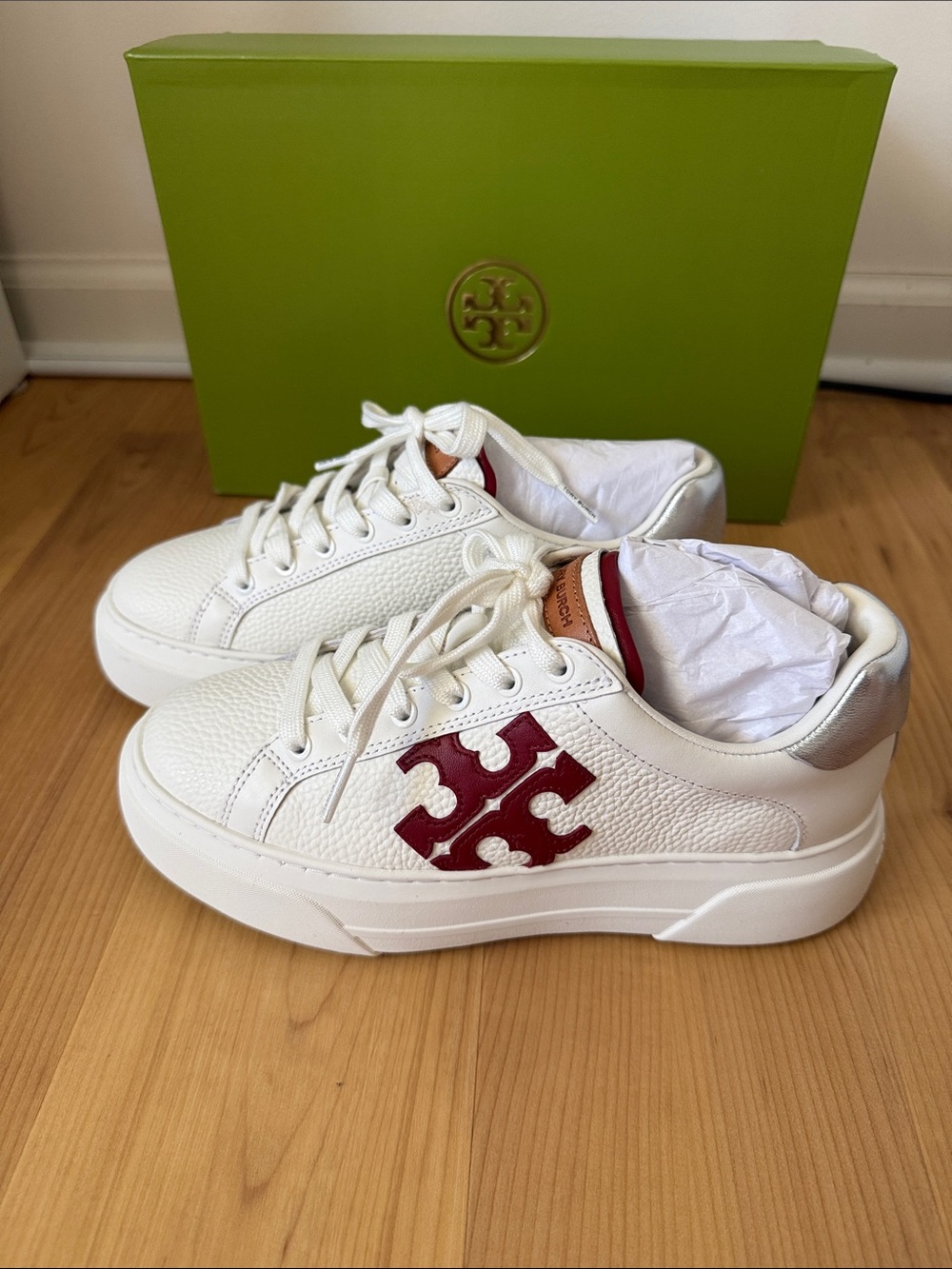 Tory Burch White Leather Sneakers with Burgundy Logo Accent